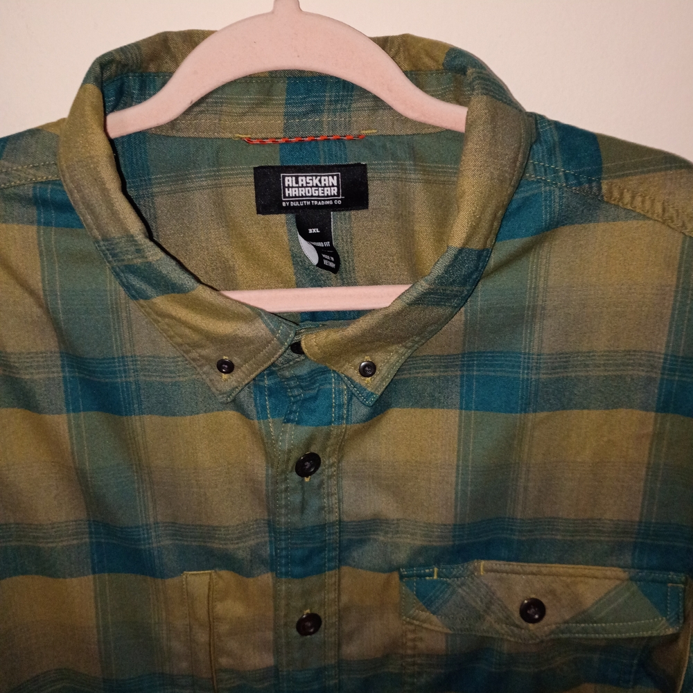 Duluth Trading Co Olive and Teal Plaid Shirt